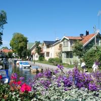 Pittoresk kanal i Trosa med färgglada trähus längs vattenvägen. Lila och röda blommor i förgrunden, båtar förtöjda längs kanalen.
