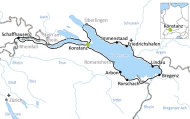 Karta över 8-dagars cykelrutt runt Bodensee genom städer som Konstanz, Friedrichshafen, Lindau, Bregenz och Rorschach.