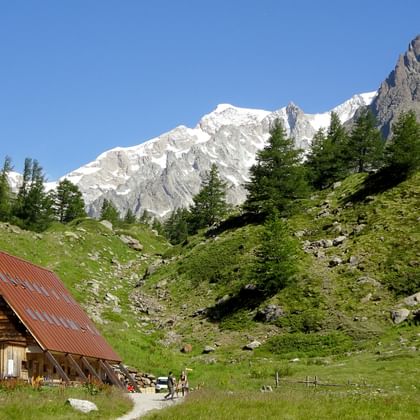 Traditionell träfjällstuga med rött tak i grön alpindal, omgiven av snötäckta Mont Blanc-toppar och barrträd.