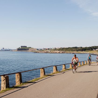 Cyclists riding on paved coastal path with wooden posts along blue sea. Sunny day with clear sky and distant coastline visible.