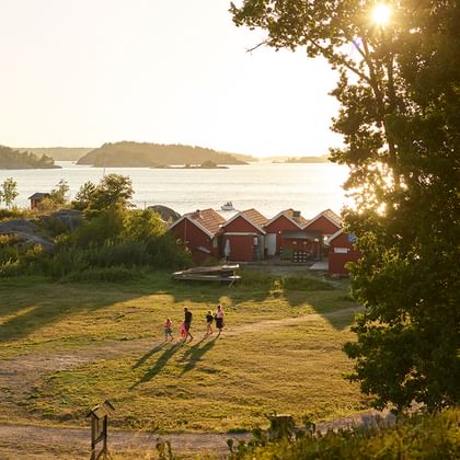 Golden evening light illuminates a grassy field with people walking, red wooden buildings by the water, and islands in Stockholm archipelago.