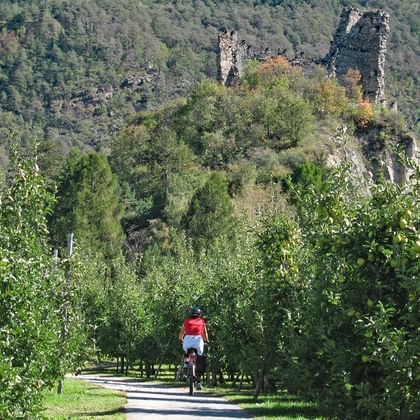 Cyklist vid foten av en ruin