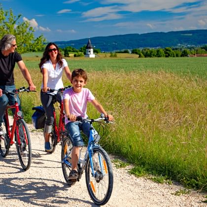 Familie radelt am Bodenseeradweg in der Landschaft