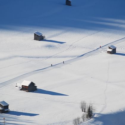 Vy över skidspår och stugor