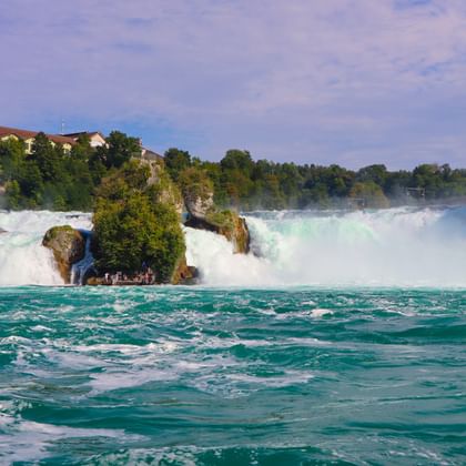 Rhenfallet i Schaffhausen med kraftfullt vitt vatten som störtar över klippor. Byggnader och gröna träd syns på sluttningen ovanför fallet.