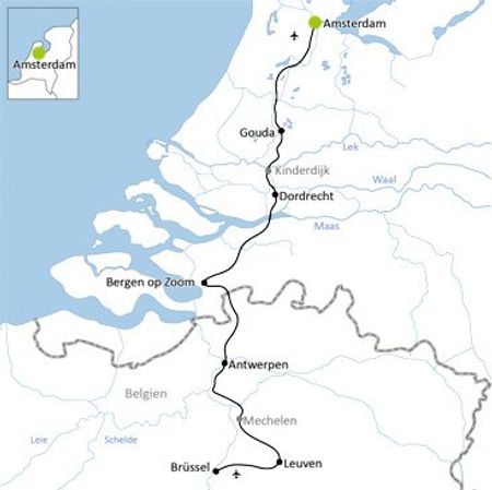 Karta Amsterdam-Bryssel cykelresa