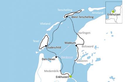 Karta Frisiska havet och IJsselmeer båtcykling
