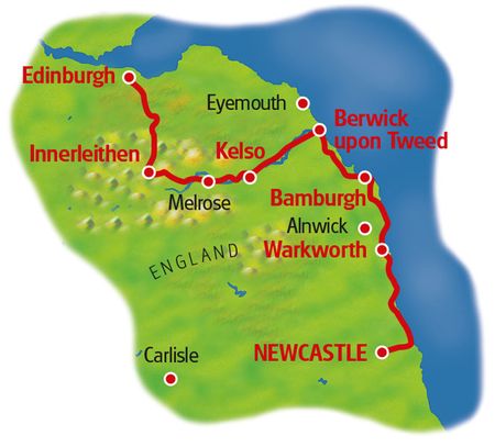 Karta Newcastle - Edinburgh cykelsemester