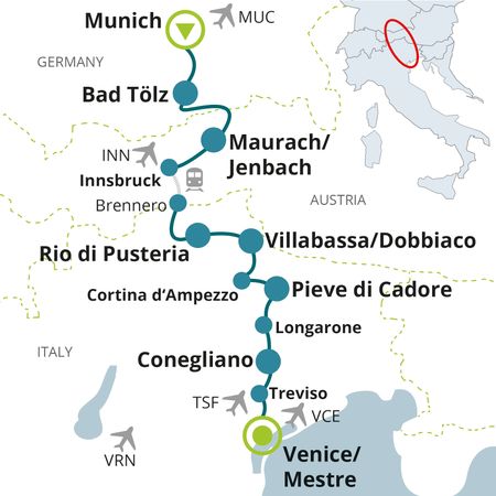 Karte München - Venedig Radreise