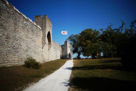 Old city wall with flag of Visby
