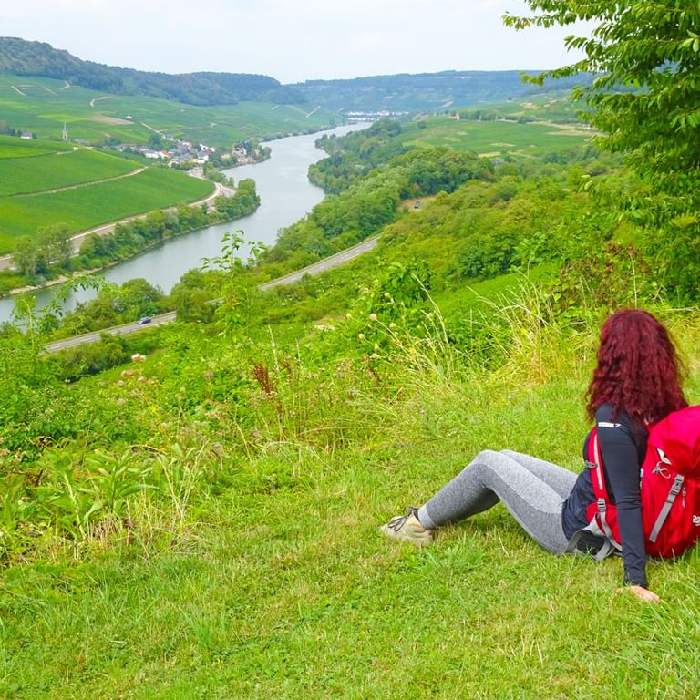Vandrare med panoramautsikt på Mosel floden